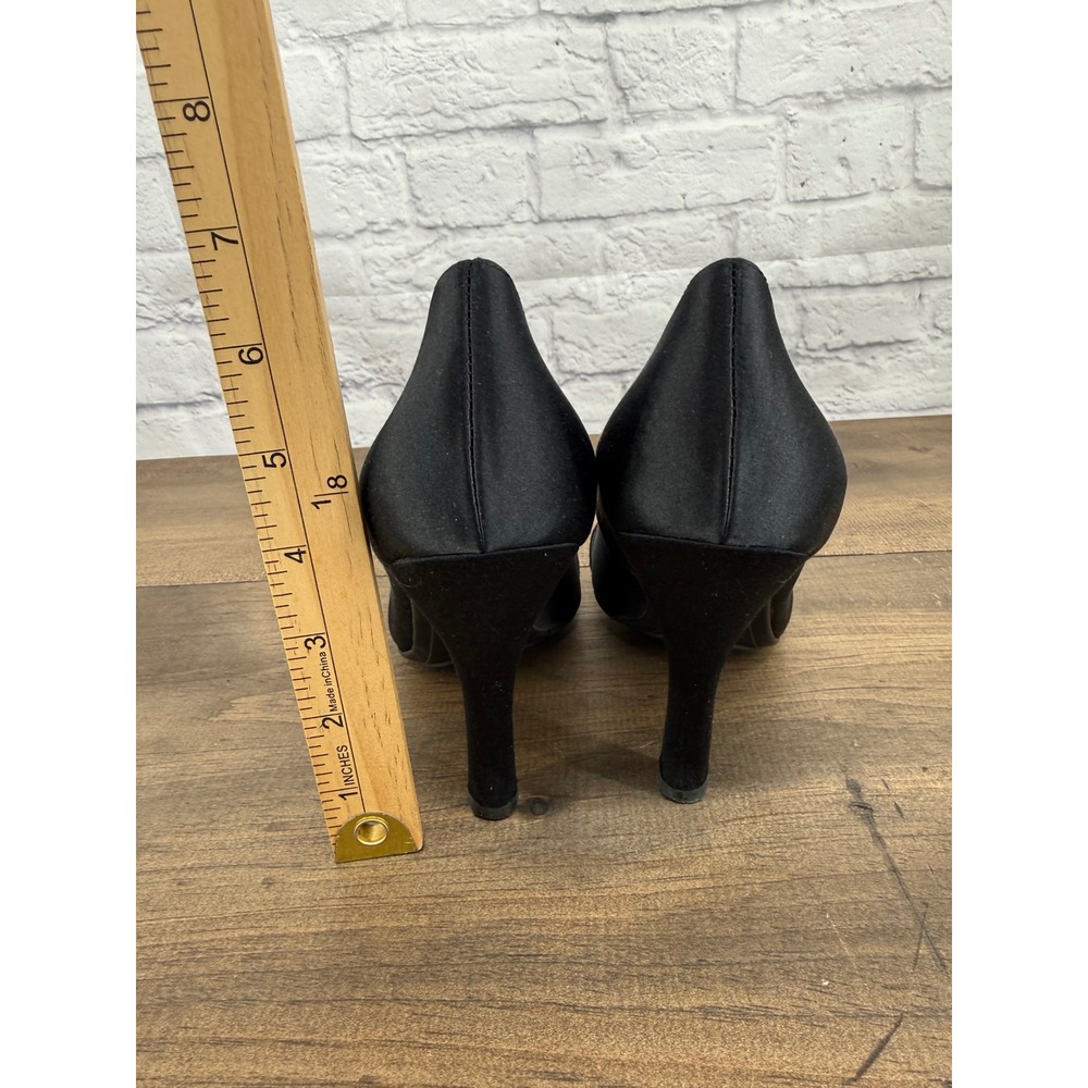 Me Too Jupiter Black Satin Peep Toe Bow Heel Pumps Size 9.5M Evening Dress Glam - Picture 5 of 10
